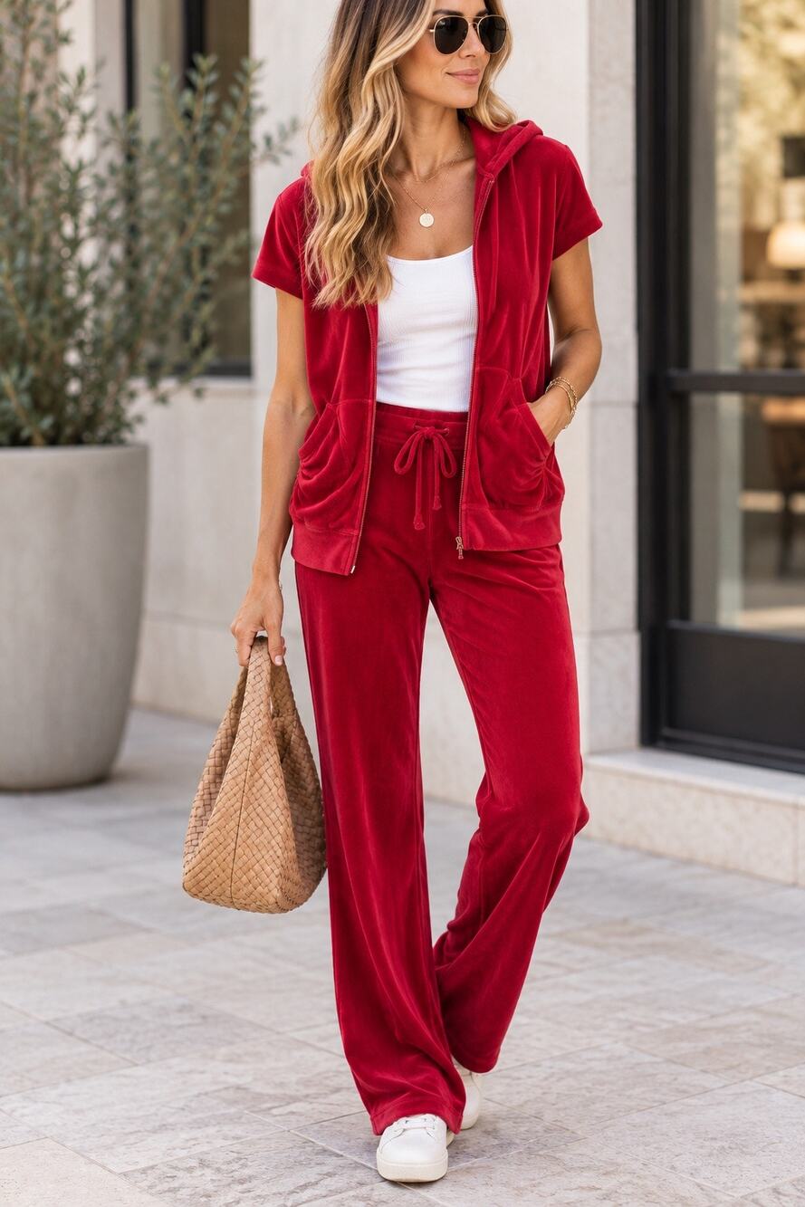 Juicy Couture Vintage Velour Short Sleeve Hoodie & Cargo Pants Red Women's Small